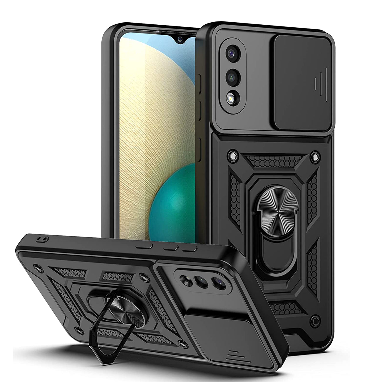 Kickstand Ring Holder with Slide Camera Cover TPU Shockproof Case and Magnetic Car Mount for SAMSUNG GALAXY A02/M02 In Black